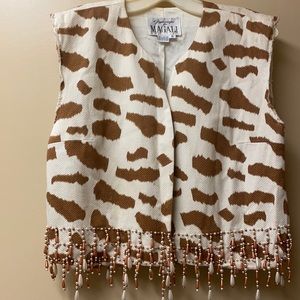 Vintage animal print top or vest with beaded trim